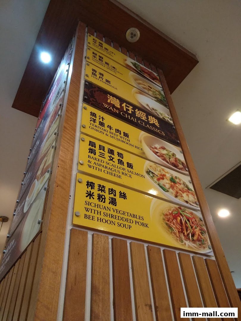 A vertical menu display at Wan Chai Hongkong Tea Room showcasing various dishes with images and text.