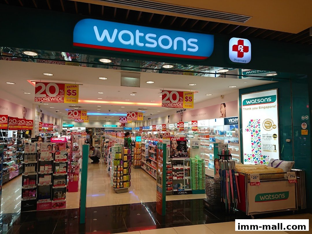 The entrance of a Watsons pharmacy and health store, showcasing various promotions and products.