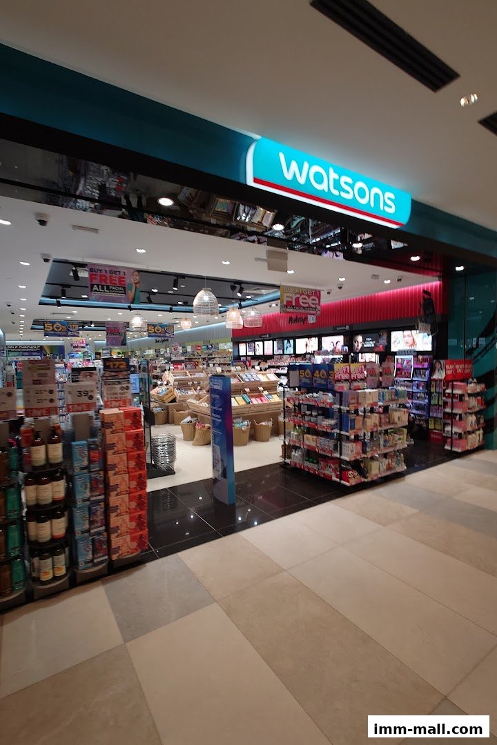 The entrance of a Watsons store, showcasing various health and beauty products on display.