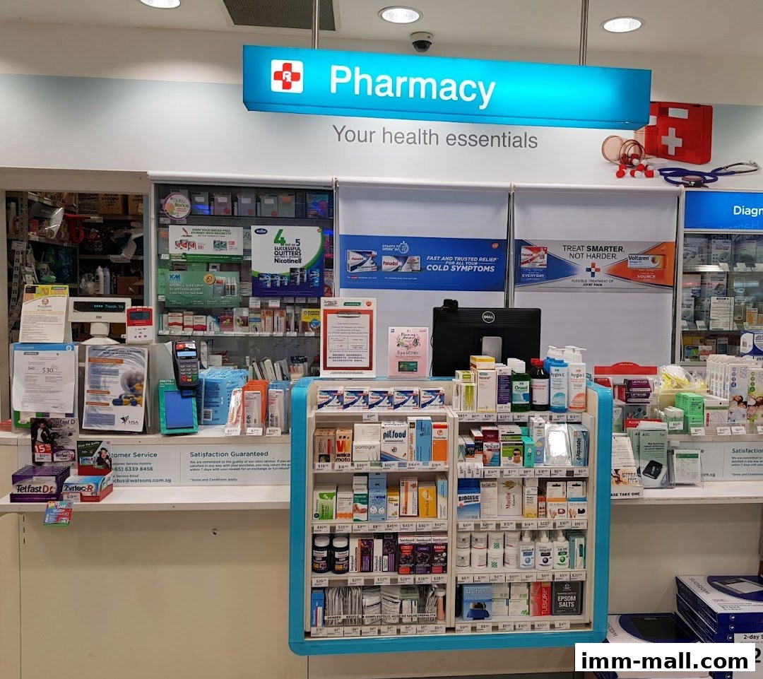 A Watsons pharmacy counter displaying various health essentials and medications.