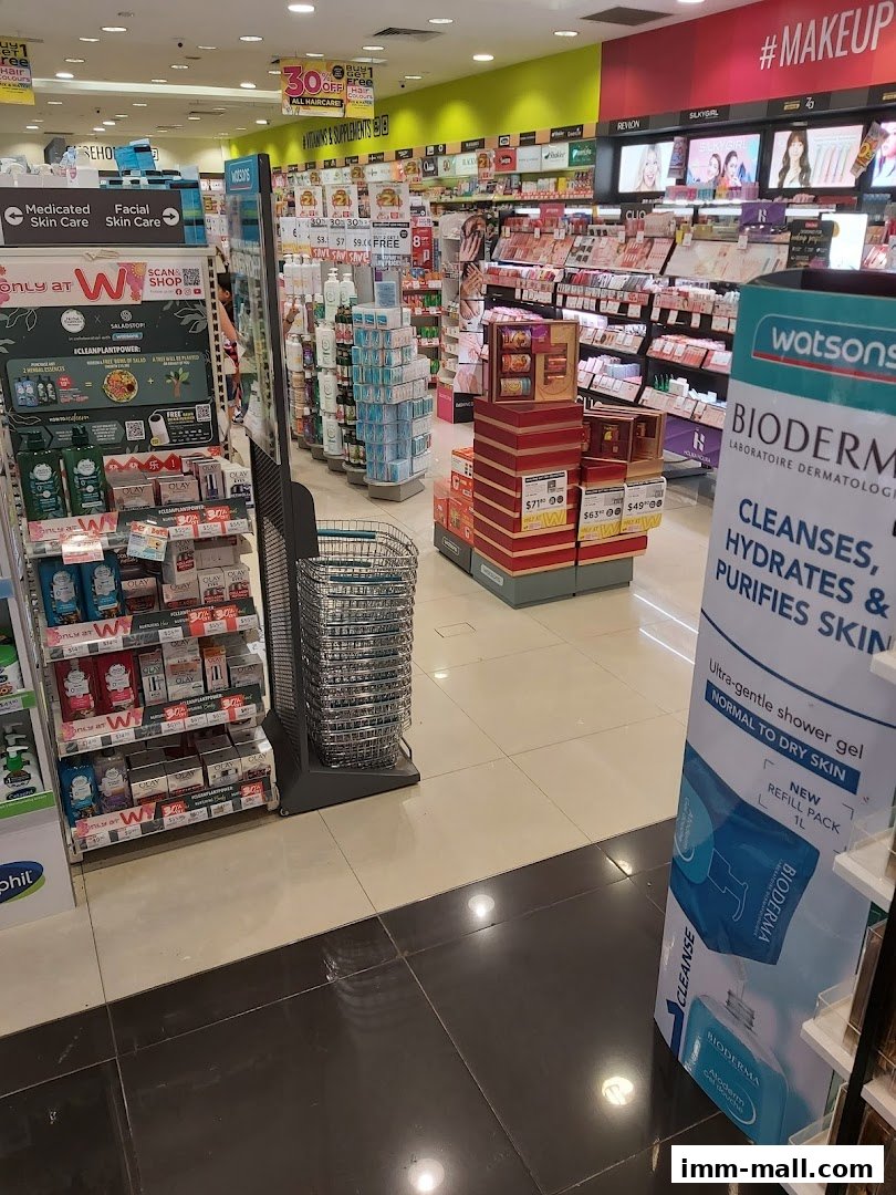 Interior view of a Watsons store showcasing skincare and makeup products with promotional signage.