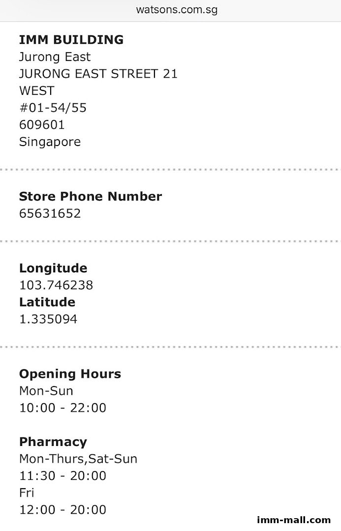 Store information for Watsons Singapore GNC at IMM Building, including address and operating hours.
