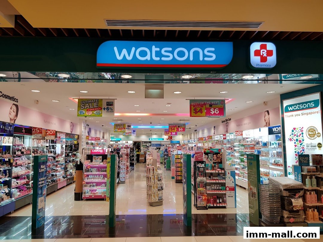 The entrance to a Watsons pharmacy and beauty store, showcasing various products and sale signs.