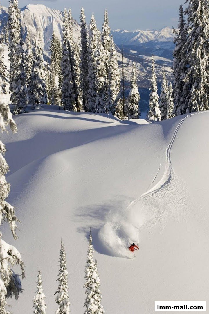 A skier carves through fresh powder amidst snow-covered trees and mountains.