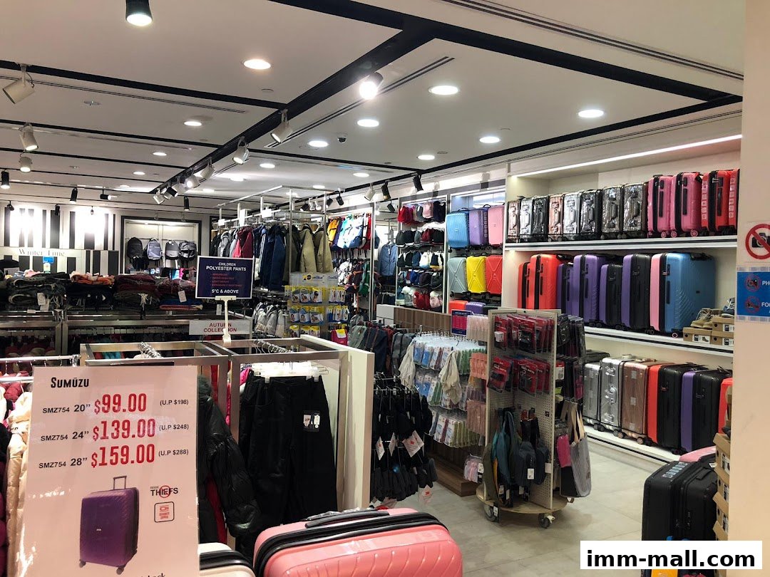 Interior view of a retail store selling luggage, clothing, and accessories.