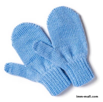 A pair of light blue knitted mittens with ribbed cuffs.
