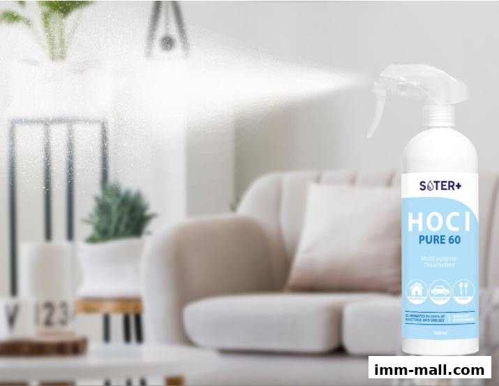 A bottle of Soter+ HOCI Pure 60 multi-purpose disinfectant being sprayed in a living room.