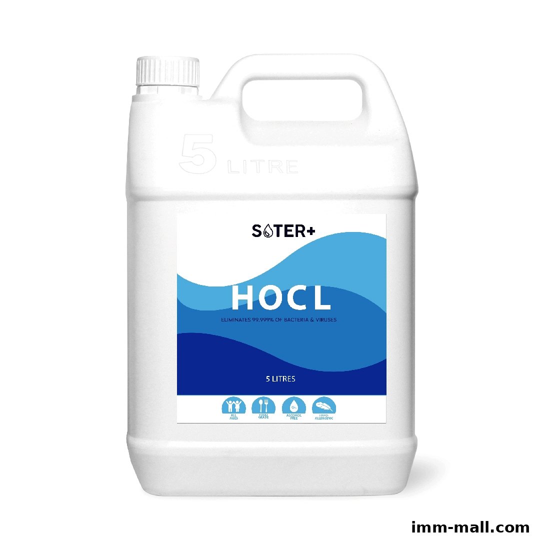 A 5-liter container of SOTER+ HOCL disinfectant, effective against bacteria and viruses.